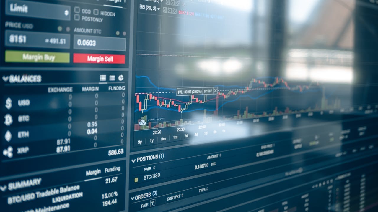 Close-up of a digital screen displaying stock trading graphs and cryptocurrency values. Ideal for finance and technology themes.